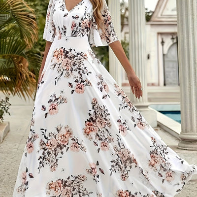Elegantes Damenkleid mit V-Ausschnitt und kurzen Ärmeln in A-Linie