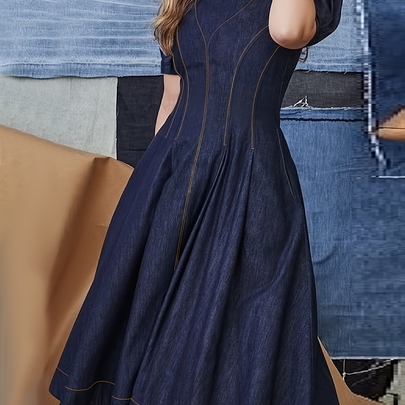 Elegantes Damen Denim Midikleid mit quadratischem Ausschnitt