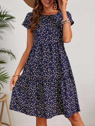 Leichtes Vintage-Kleid – Blumendruck, Kurzarm, Rundhalsausschnitt, feminines Sommerkleid
