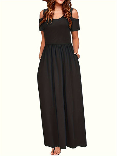 Stylisches Sommer Maxikleid mit offenen Schultern - ärmellos, Rundhalsausschnitt