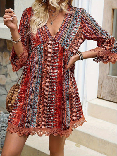 Elegantes V-Ausschnitt Kleid mit Spitze Leichtes Sommerkleid mit buntem Streifen