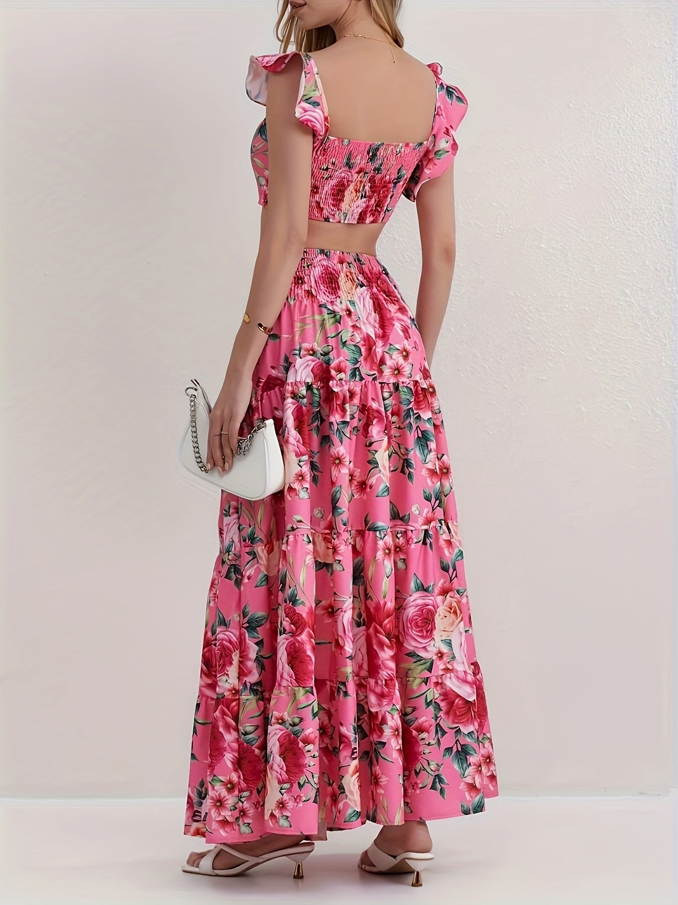 Zweiteiliges Set: Kurzes Oberteil mit Rüsche und ausgestellter Rock - Summer Holiday Style