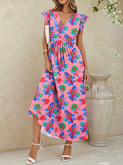 Elegantes langes geblümtes Kleid - V-Ausschnitt, Blumenärmel