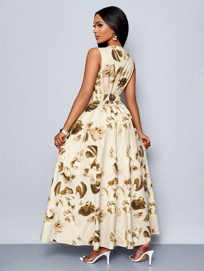 Elegantes Blaues Florales Maxikleid mit Ausschnitt für Frauen
