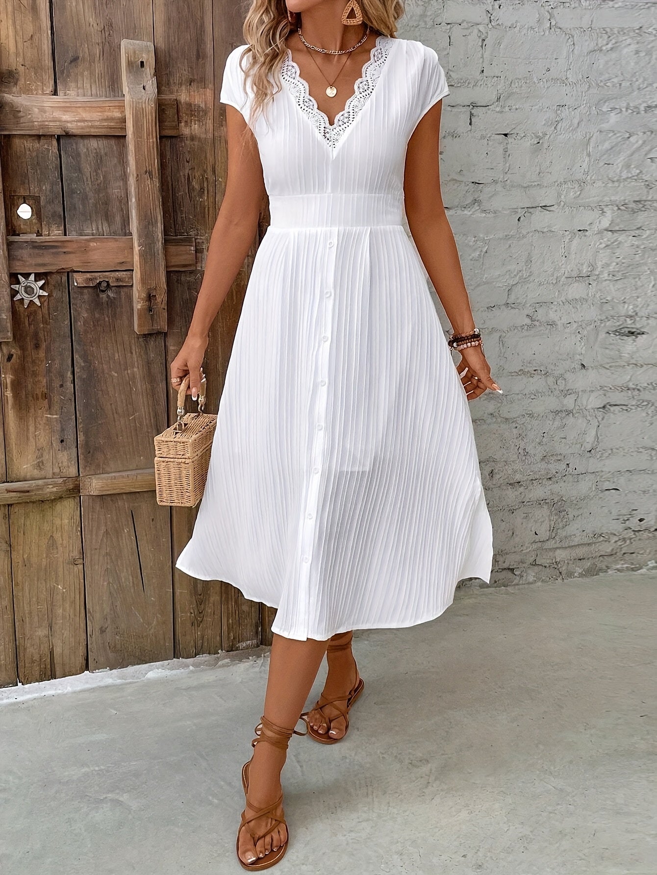 Elegantes Midikleid mit Spitze, V-Ausschnitt, kurzen Ärmeln Ideal für Hochzeiten und Dates