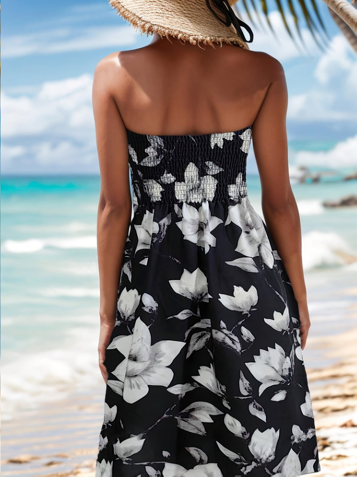 Trägerloses und ärmelloses elegantes Tuba-Kleid mit Blumenmuster