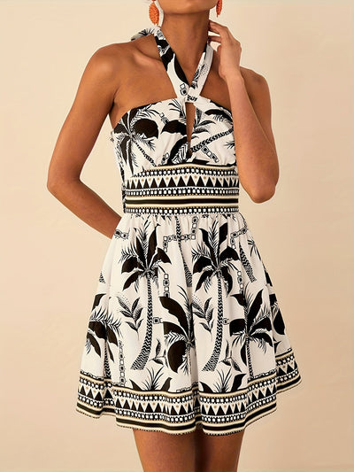 Sommerkleid mit grünem und schwarzem Blumenmuster und Schnürung
