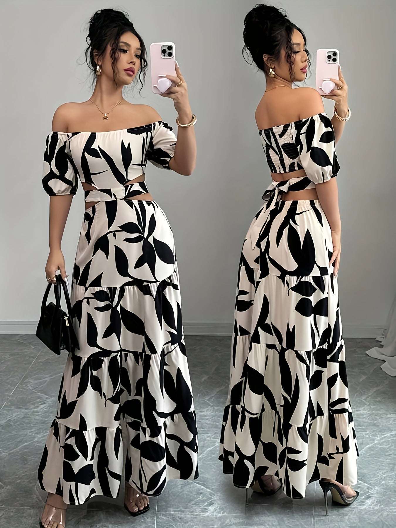 Maxikleid mit Blumendruck - Carmen-Ausschnitt, asymmetrisches Unterteil