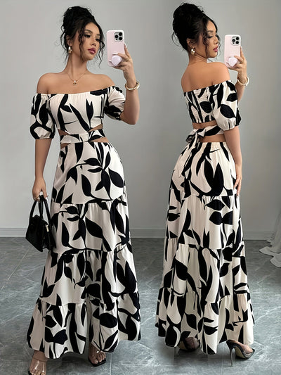 Maxikleid mit Blumendruck - Carmen-Ausschnitt, asymmetrisches Unterteil