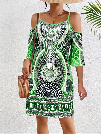 Boho Kalte Schulter Strandkleid mit Spaghettiträgern & Flatterärmeln