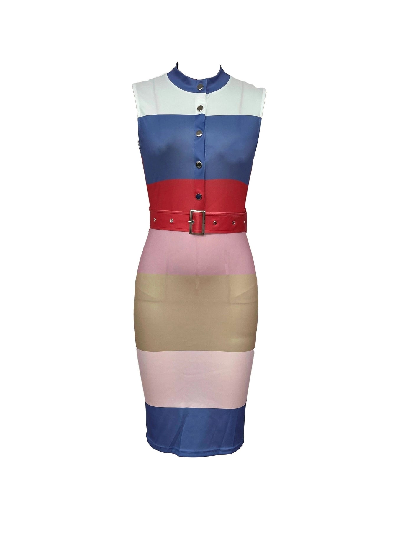 Elegantes Kleid mit frechem Ausschnitt und gestreiftem Gürtel, passend für den Sommer