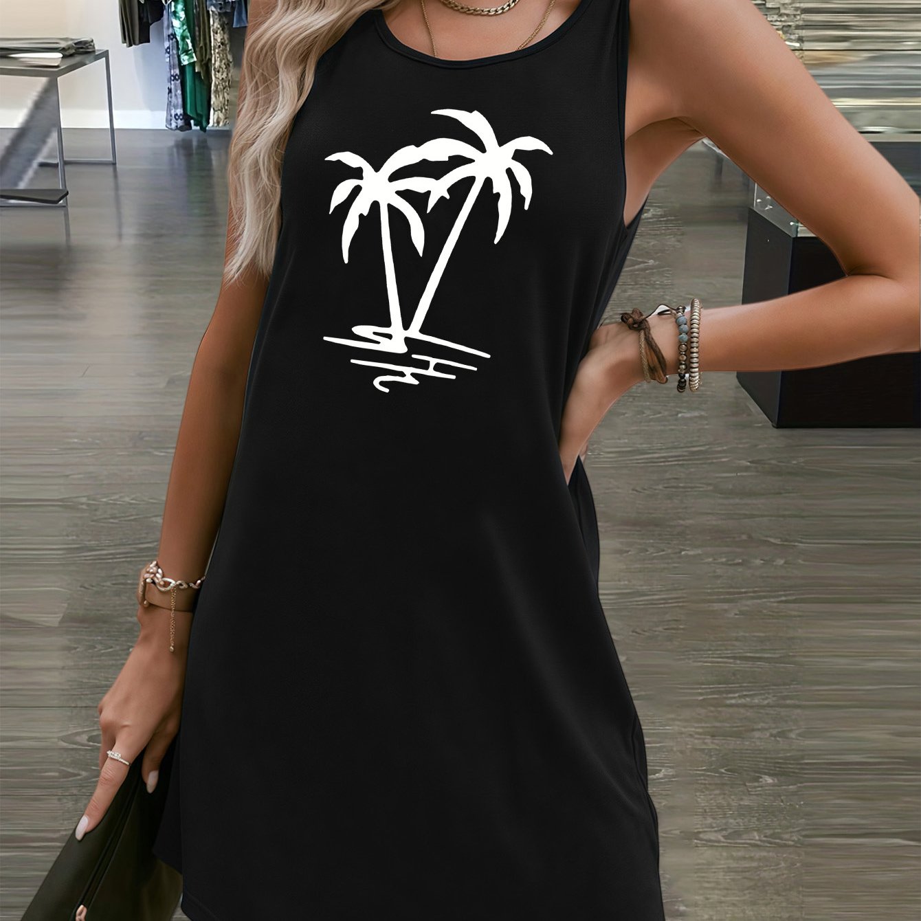 Ärmelloses Damen-Sommerkleid mit Palmen-Print