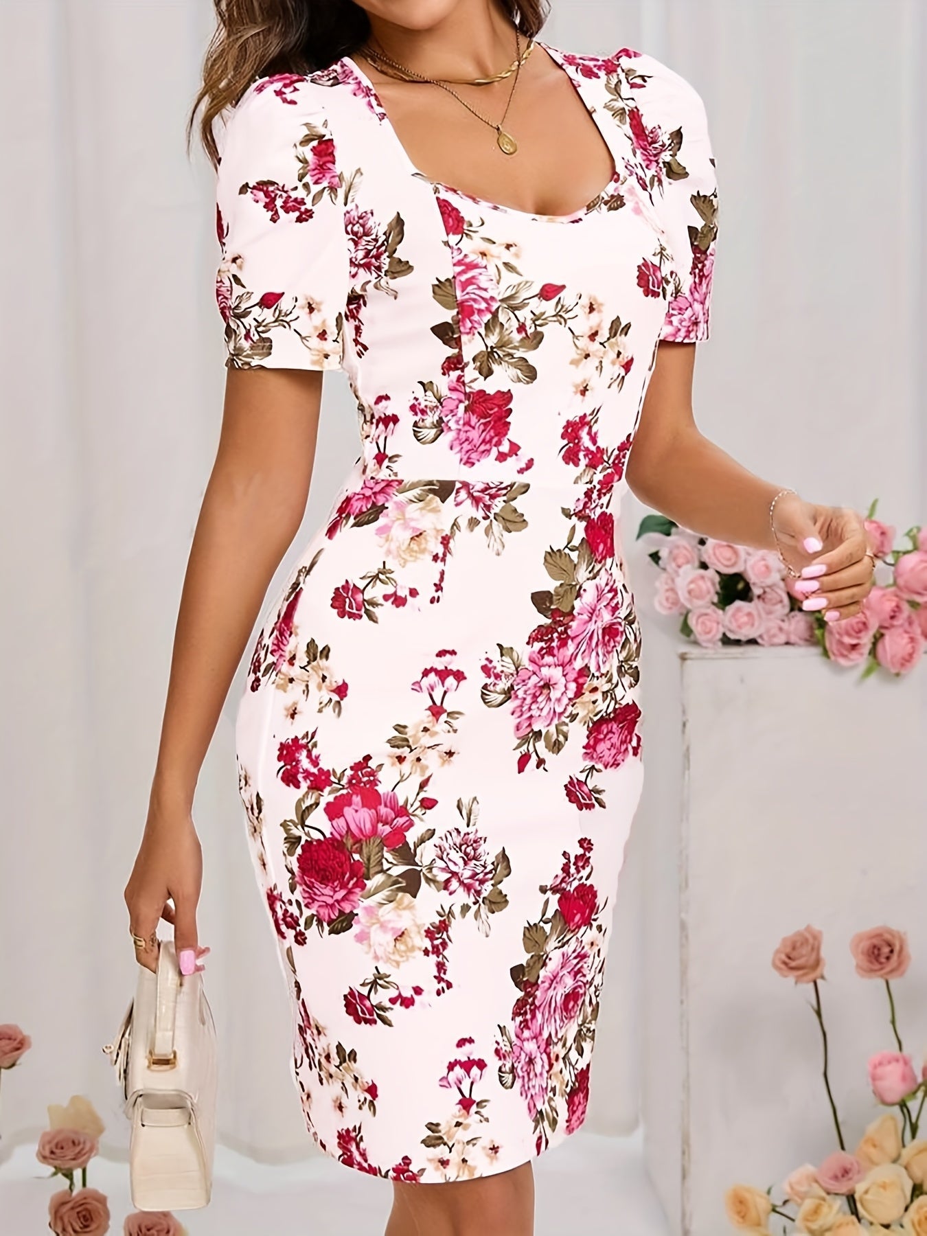 Damenkleid mit Blumenmuster, quadratischem Ausschnitt und Reißverschluss
