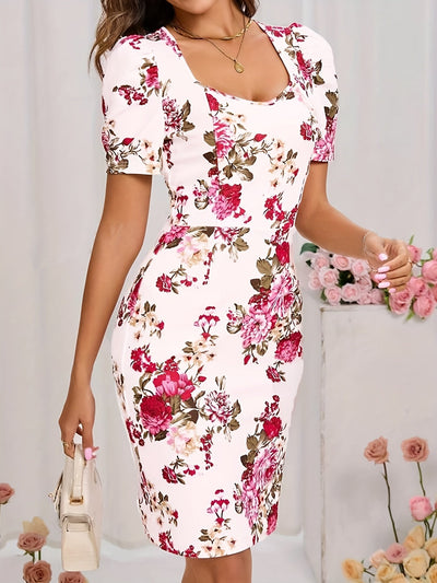 Damenkleid mit Blumenmuster, quadratischem Ausschnitt und Reißverschluss