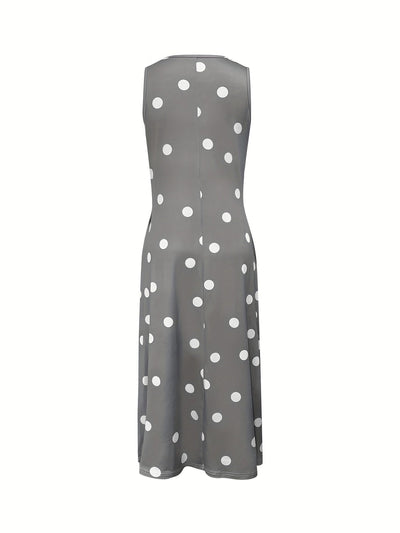 Damen Sommerkleid Polka Dot Langes Ärmelloses Schößchen Bequemes Urlaubskleid