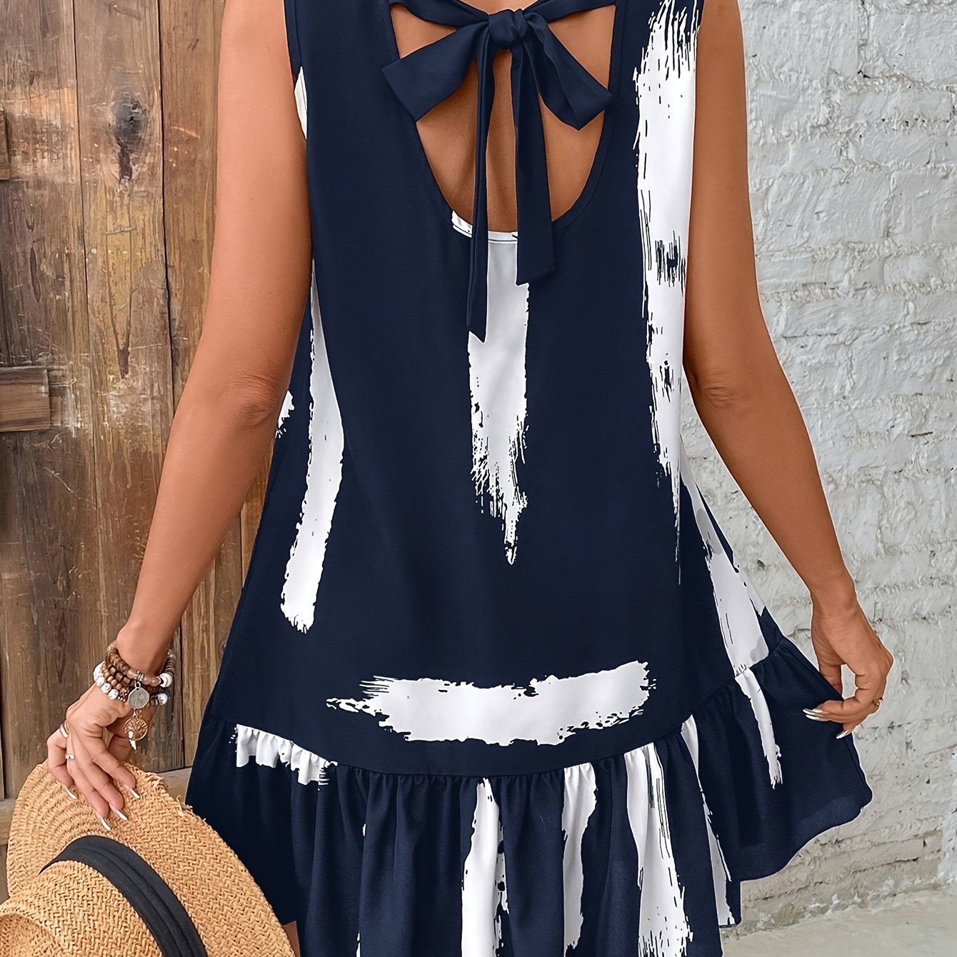 Ärmelloses Damenkleid mit Pinselstrich-Print in Marineblau und Weiß