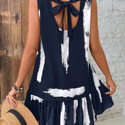 Ärmelloses Damenkleid mit Pinselstrich-Print in Marineblau und Weiß