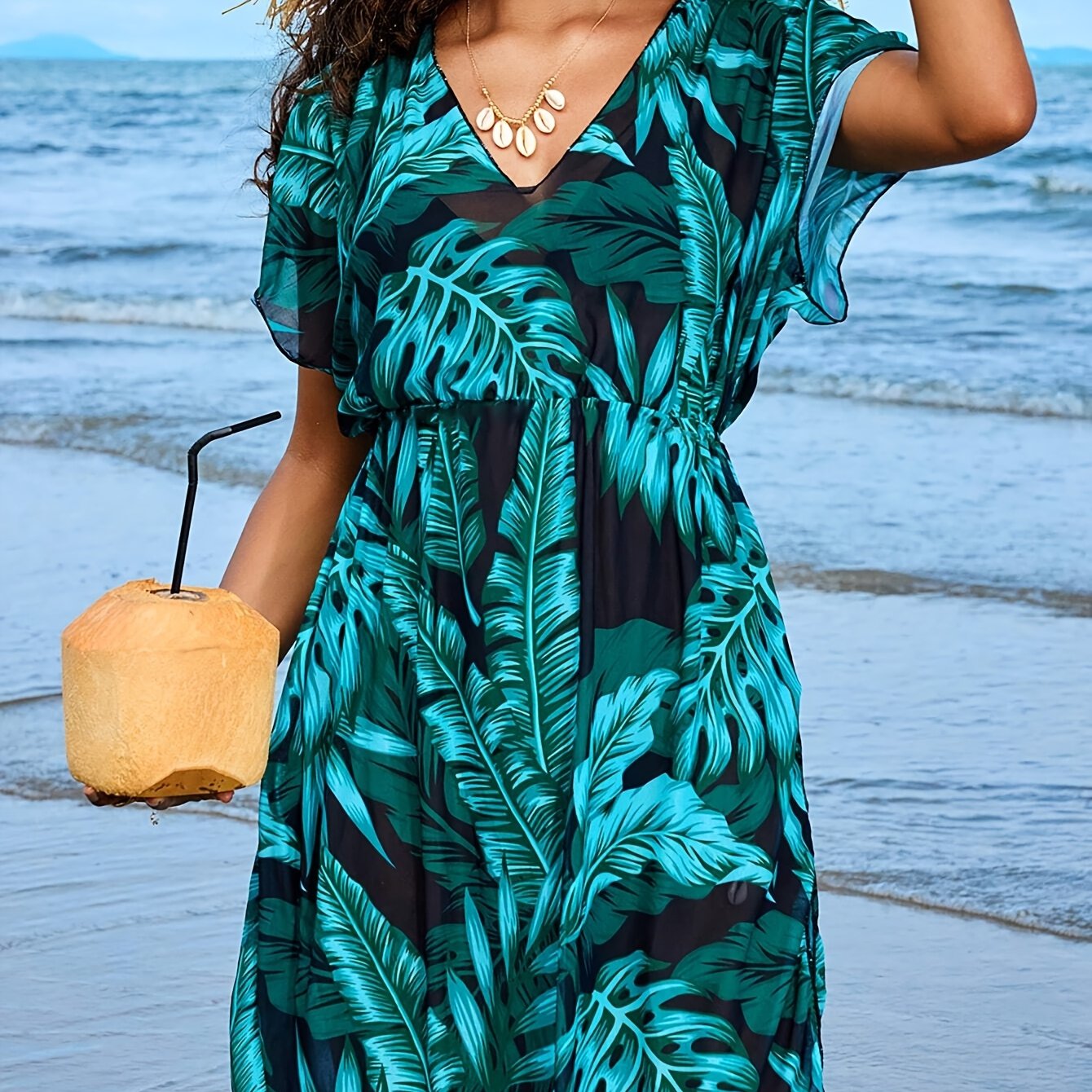 Bohemian Strandkleid mit Porzellan-Print – Mini-Kleid mit V-Ausschnitt