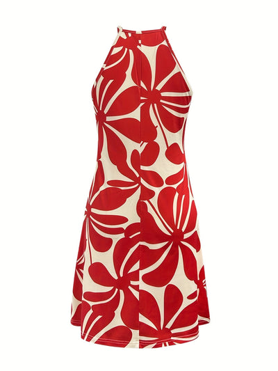 Ärmelloses Damenkleid mit Blumenmuster – Rot-Cremefarben