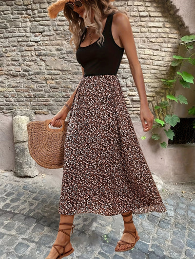 Geblümtes ärmelloses Sommer-Midikleid mit A-Linie in Schwarz und Kaffee