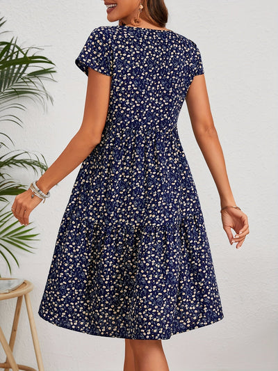 Leichtes Vintage-Kleid – Blumendruck, Kurzarm, Rundhalsausschnitt, feminines Sommerkleid