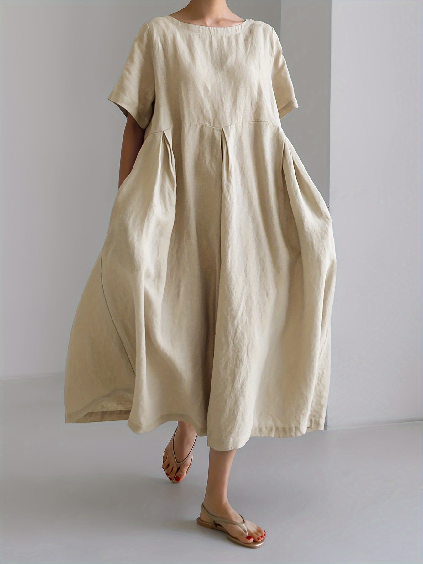 Leinen-Mix Midi-Kleid mit Taschen – Kurzarm Hochtailliert Sommermode