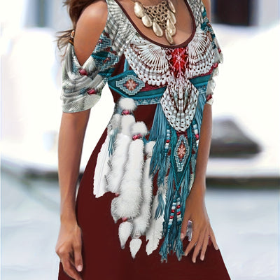 Damen Kleid mit ethnischem Adlerdruck im Western-Stil