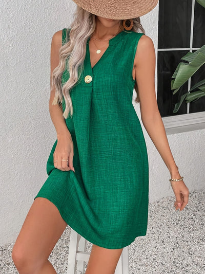 Elegantes Grünes Midikleid ohne Ärmel mit V-Ausschnitt und Knopfleiste – Perfekt für den Sommer