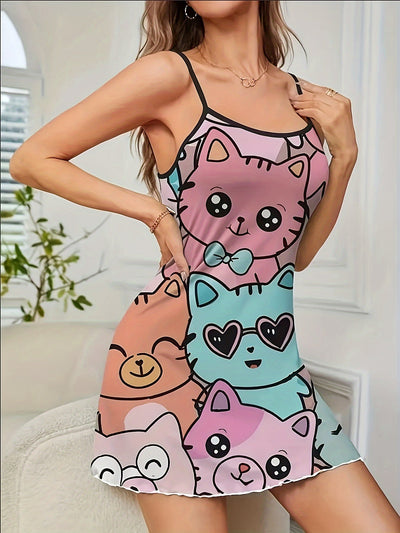 Rückenfreies Sommerkleid – Luftiges Spaghettiträger-Kleid mit Cartoon-Print,
