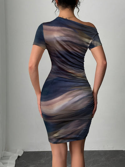 Bodycon Kleid mit Asymmetrischem Ausschnitt Tie dye Kurzarm