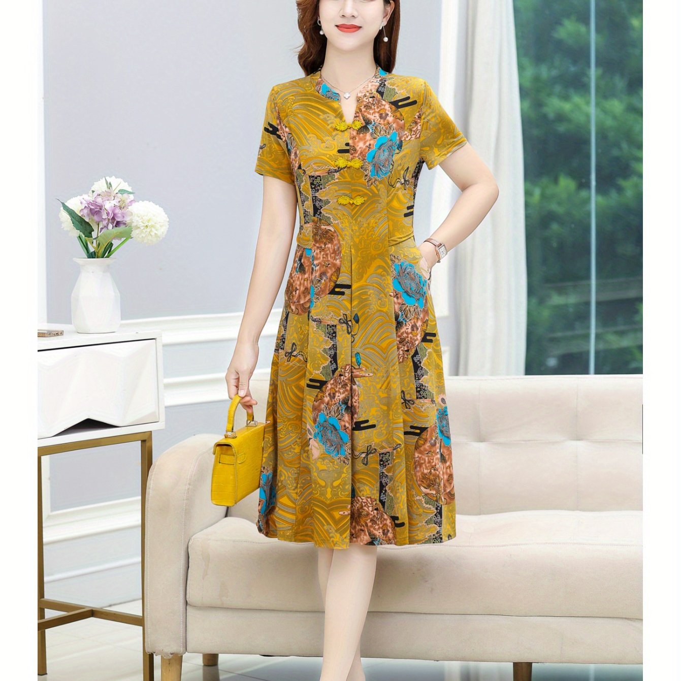 Floral gemustertes Kleid mit frechem Ausschnitt - kurze Ärmel - für Damen