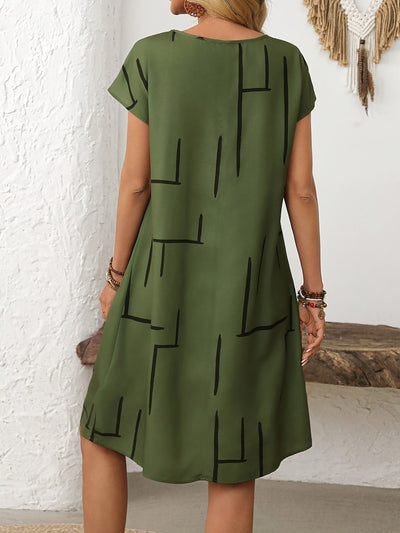 Midi-Kleid mit kurzen Ärmeln und Linienmuster – Grün
