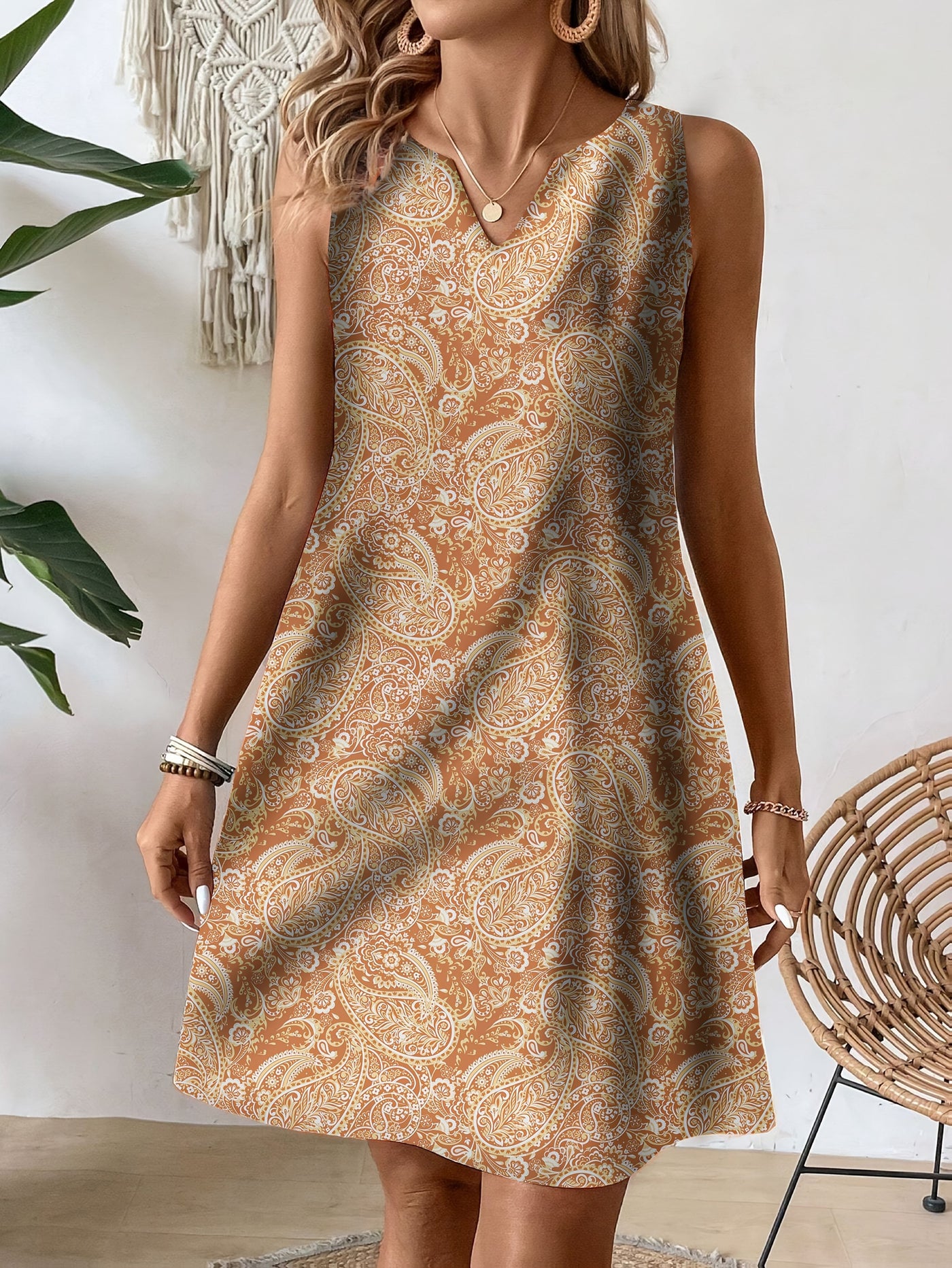 Ärmelloses Kleid mit modischem Muster Fawn Farbe Sommer Stil