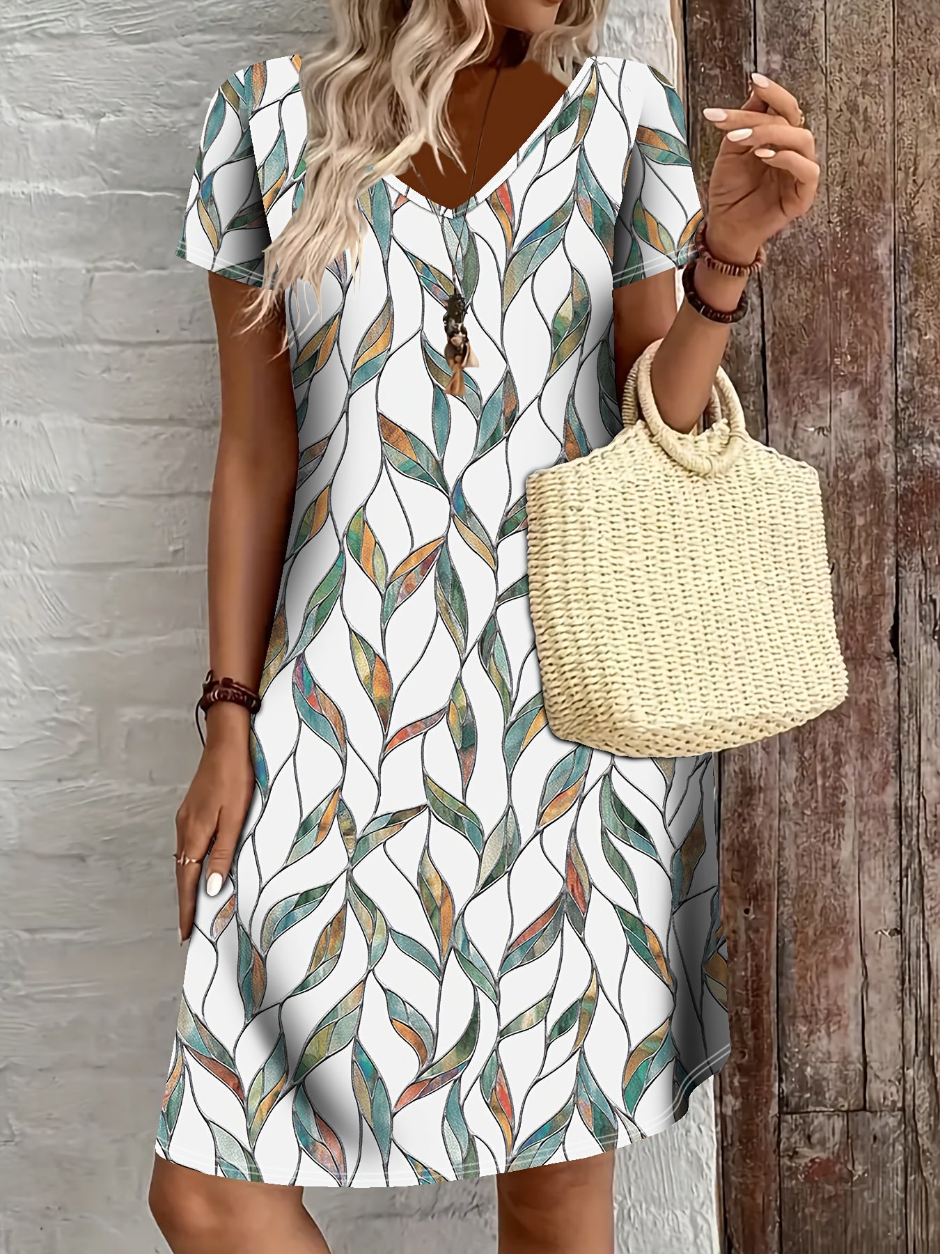 Damen Midi-Kleid im Blätter-Muster