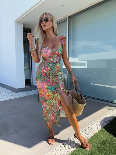 Figurbetontes Blumenmuster-Kleid mit Schlitz und Rückenfrei