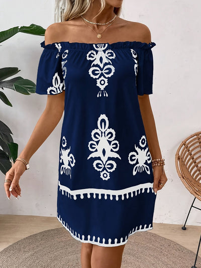 Antikes marineblaues Off-Shoulder-Kleid mit Blumenmuster