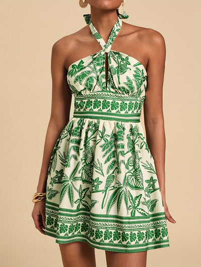 Sommerkleid mit grünem und schwarzem Blumenmuster und Schnürung