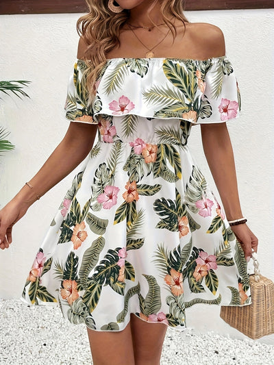 Schulterfreies Blumenmuster-Kleid – Elegantes Minikleid mit Rüschen
