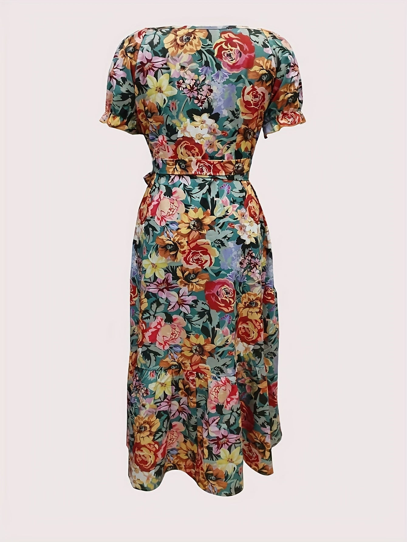Trägerloses geblümtes Maxikleid mit Laternenärmeln und Gürtel