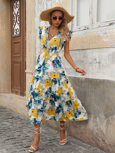 Langes Trapezkleid mit floralem Muster und frechem Ausschnitt