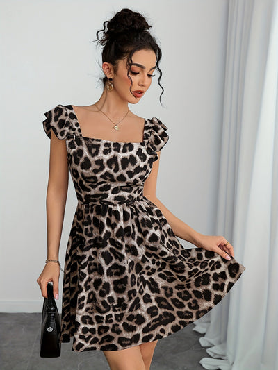 Elegantes Damenkleid mit Leopardenmuster – Rüschen-Träger und Rückenfrei