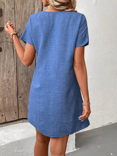 Blaues Damenkleid mit V-Ausschnitt und Fledermausärmeln – Polyester, maschinenwaschbar