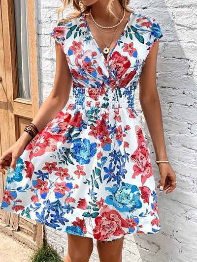 Elegantes Damenkleid mit tiefem Ausschnitt und floralem Muster - Schnitt A