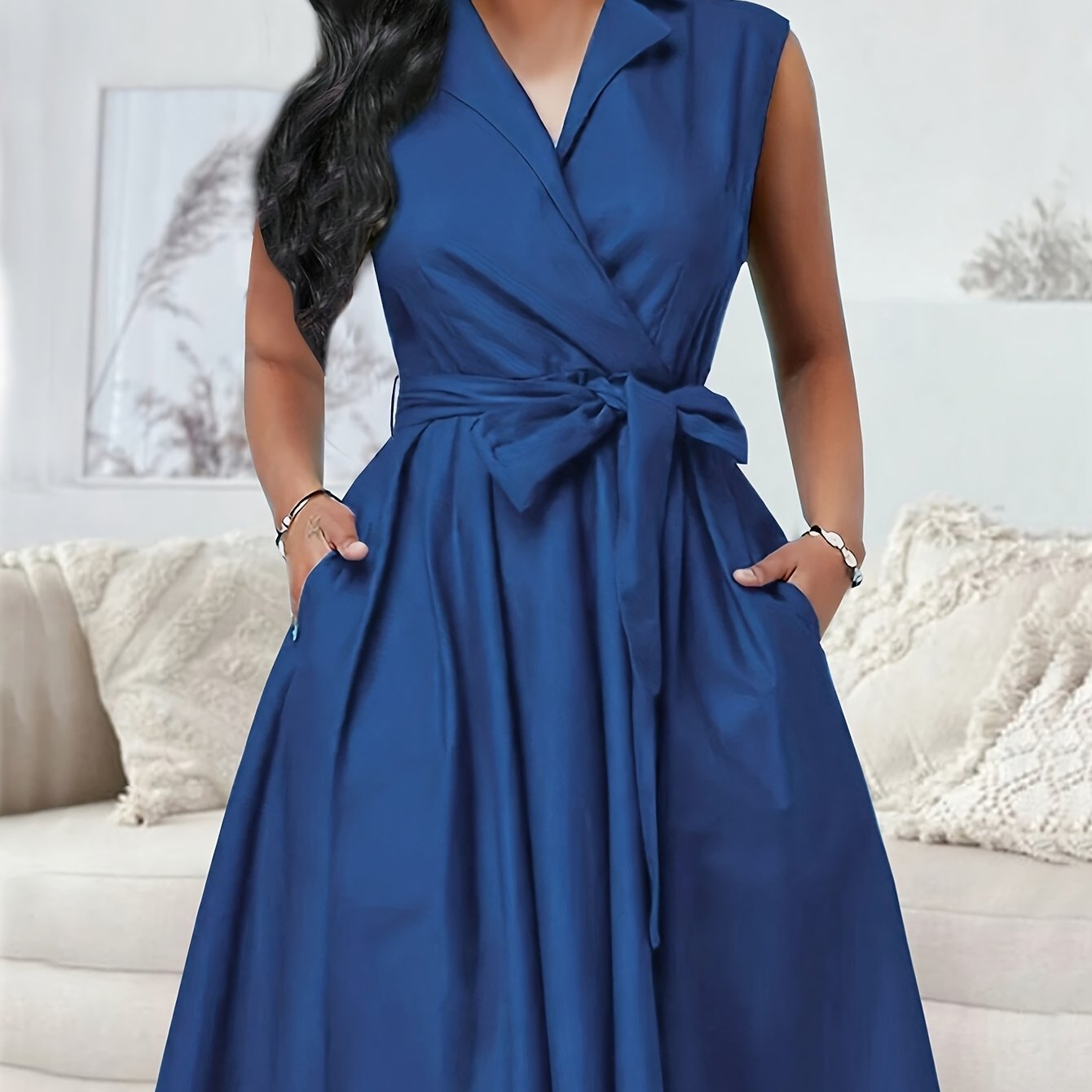 Elegantes A-Linien-Kleid mit Gürtel für den Alltag, Blau, Polyester
