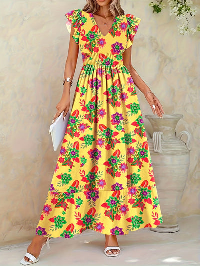 Elegantes langes geblümtes Kleid - V-Ausschnitt, Blumenärmel