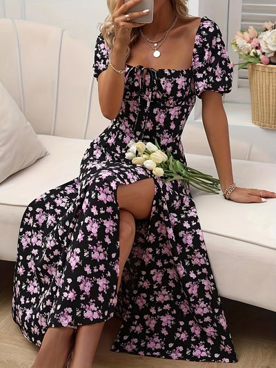 Kleid mit geblümten Puffärmeln in A-Linie Chic Split Hem für Frühling & Sommer