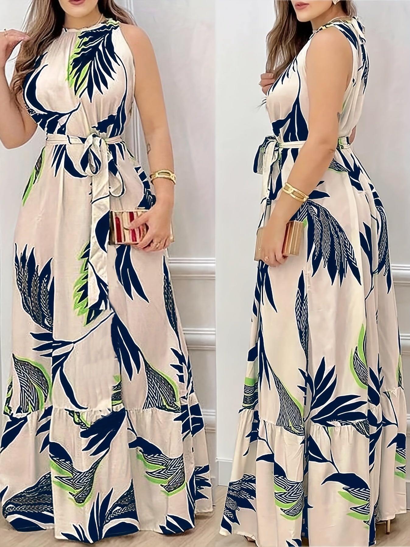 Elegantes ärmelloses langes Kleid mit tropischem Blumenmotiv