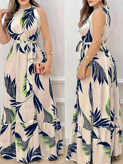 Elegantes ärmelloses langes Kleid mit tropischem Blumenmotiv