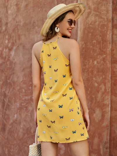 Schickes Gelbes Ärmelloses Kleid mit Schmetterlingsmotiv – Sommerliche Eleganz