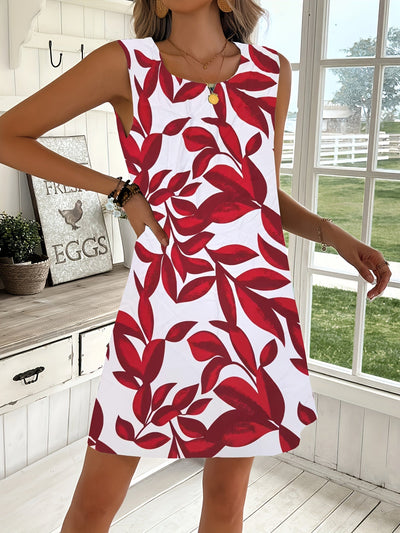 Elegantes rotes ärmelloses Sommerkleid mit Blumenmuster